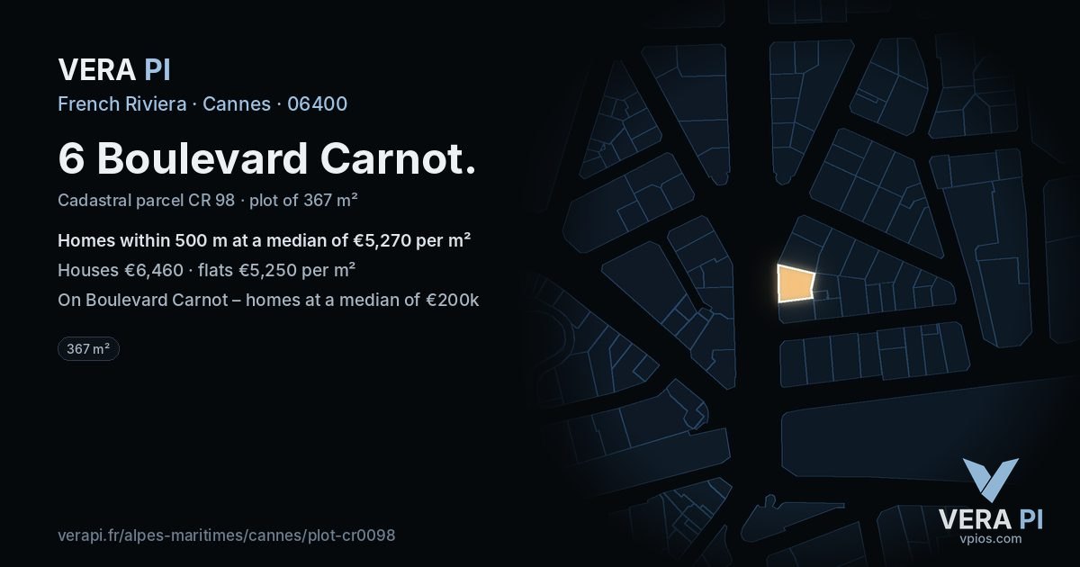 6 Boulevard Carnot, Cannes at night – the plot lit, the parcels around coloured by the prices near them