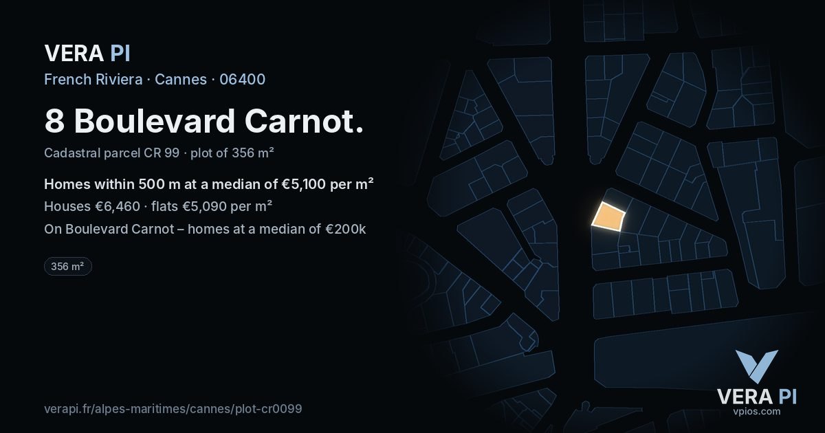 8 Boulevard Carnot, Cannes at night – the plot lit, the parcels around coloured by the prices near them