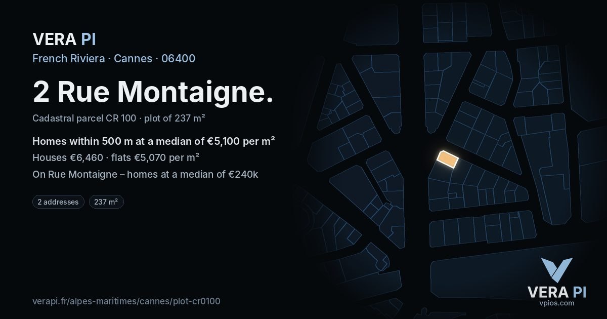 2 Rue Montaigne, Cannes at night – the plot lit, the parcels around coloured by the prices near them