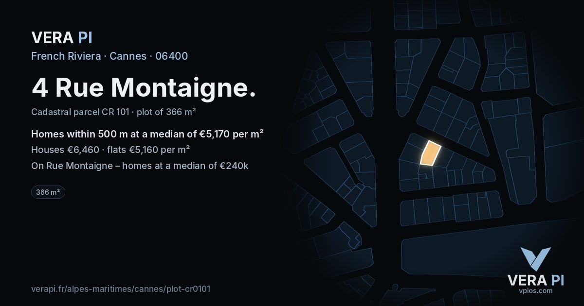 4 Rue Montaigne, Cannes at night – the plot lit, the parcels around coloured by the prices near them