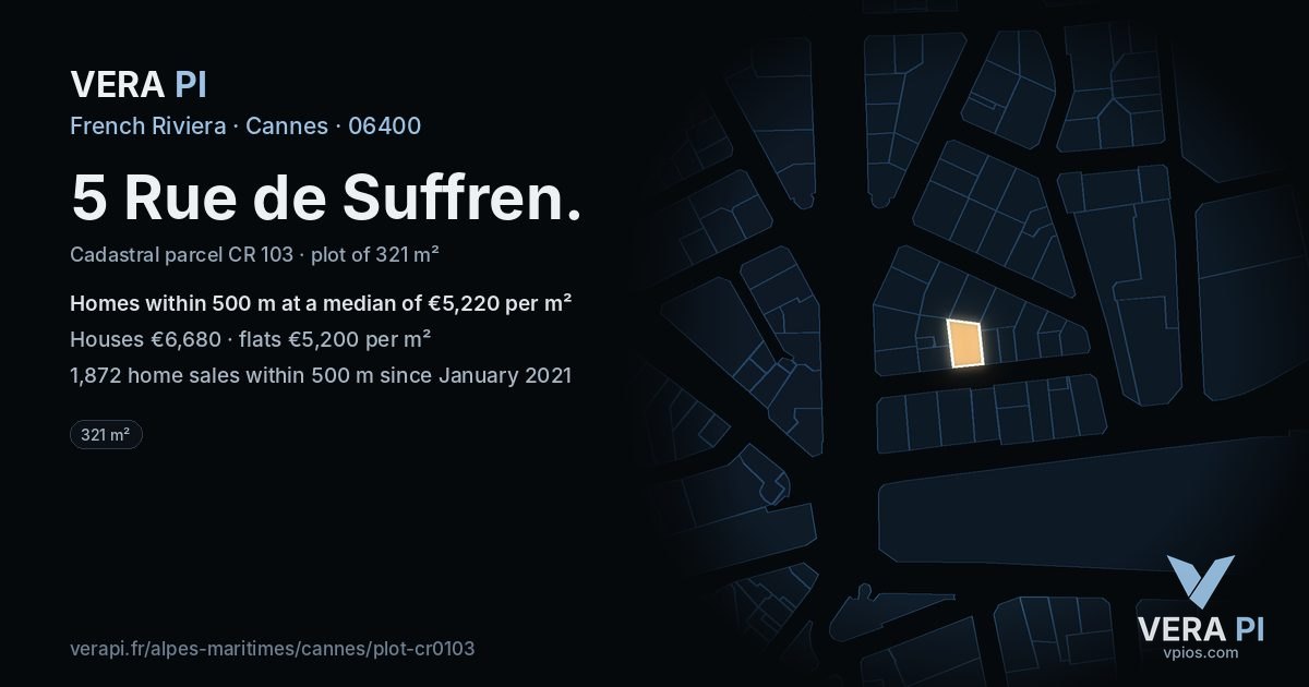 5 Rue de Suffren, Cannes at night – the plot lit, the parcels around coloured by the prices near them