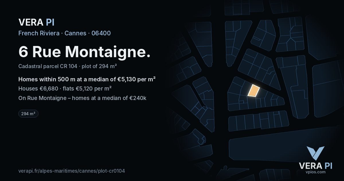 6 Rue Montaigne, Cannes at night – the plot lit, the parcels around coloured by the prices near them