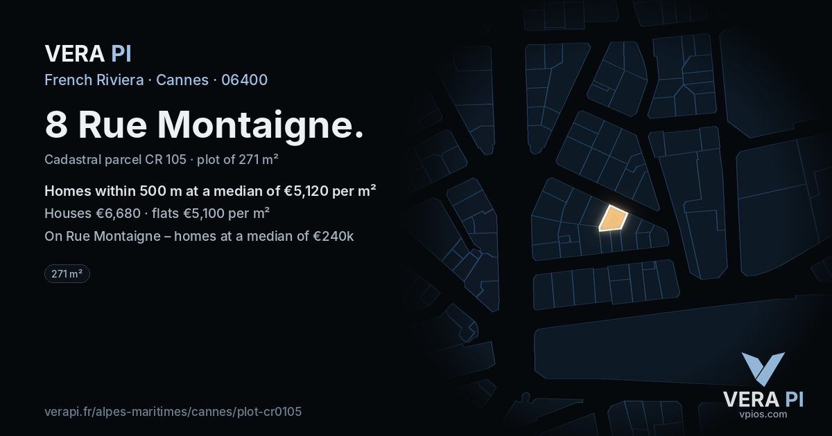 8 Rue Montaigne, Cannes at night – the plot lit, the parcels around coloured by the prices near them