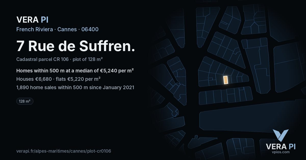 7 Rue de Suffren, Cannes at night – the plot lit, the parcels around coloured by the prices near them