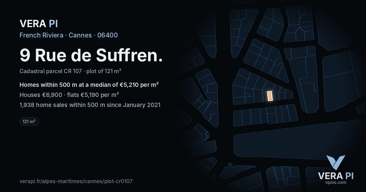 9 Rue de Suffren, Cannes at night – the plot lit, the parcels around coloured by the prices near them