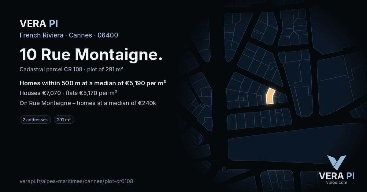10 Rue Montaigne, Cannes at night – the plot lit, the parcels around coloured by the prices near them