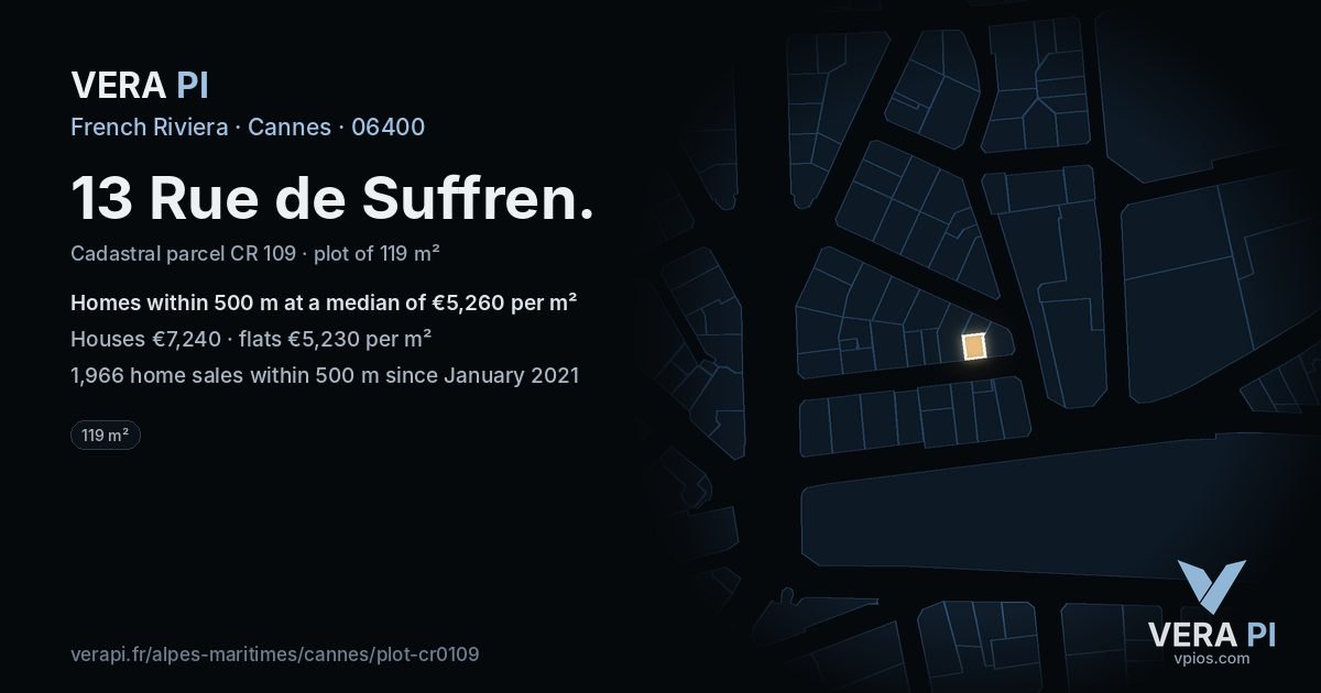 13 Rue de Suffren, Cannes at night – the plot lit, the parcels around coloured by the prices near them