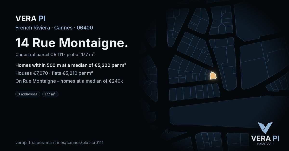 14 Rue Montaigne, Cannes at night – the plot lit, the parcels around coloured by the prices near them