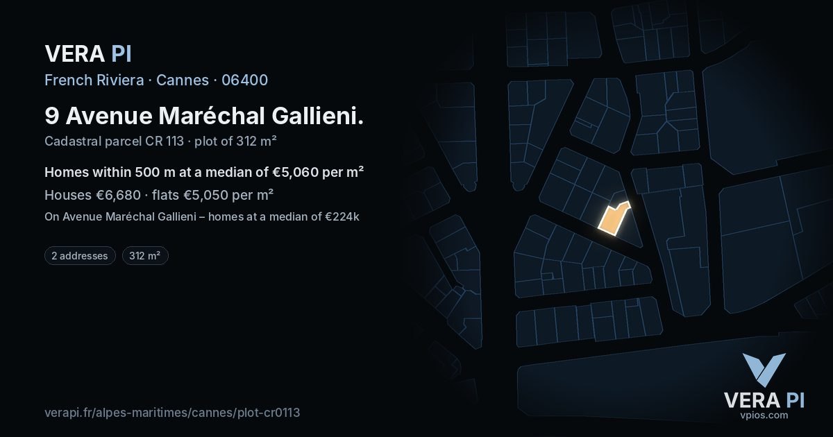 9 Avenue Maréchal Gallieni, Cannes at night – the plot lit, the parcels around coloured by the prices near them