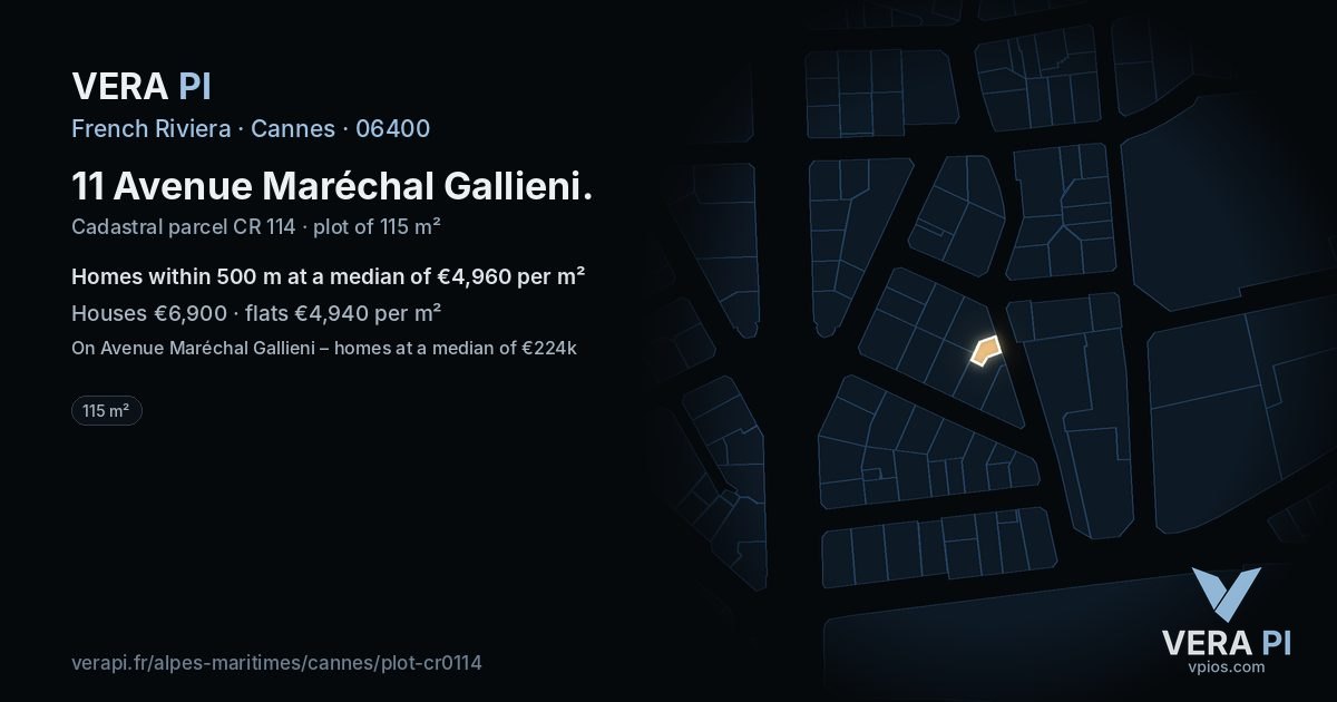 11 Avenue Maréchal Gallieni, Cannes at night – the plot lit, the parcels around coloured by the prices near them