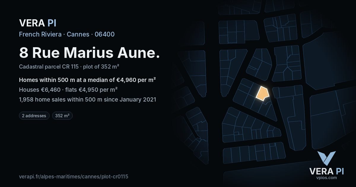 8 Rue Marius Aune, Cannes at night – the plot lit, the parcels around coloured by the prices near them