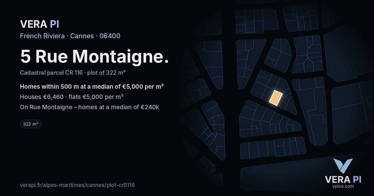 5 Rue Montaigne, Cannes at night – the plot lit, the parcels around coloured by the prices near them
