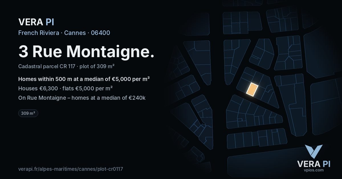 3 Rue Montaigne, Cannes at night – the plot lit, the parcels around coloured by the prices near them