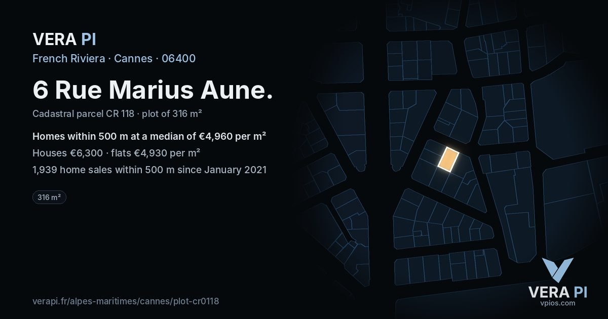 6 Rue Marius Aune, Cannes at night – the plot lit, the parcels around coloured by the prices near them
