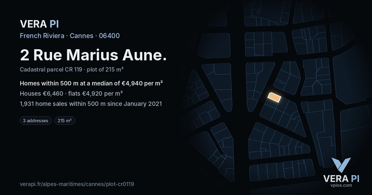 2 Rue Marius Aune, Cannes at night – the plot lit, the parcels around coloured by the prices near them