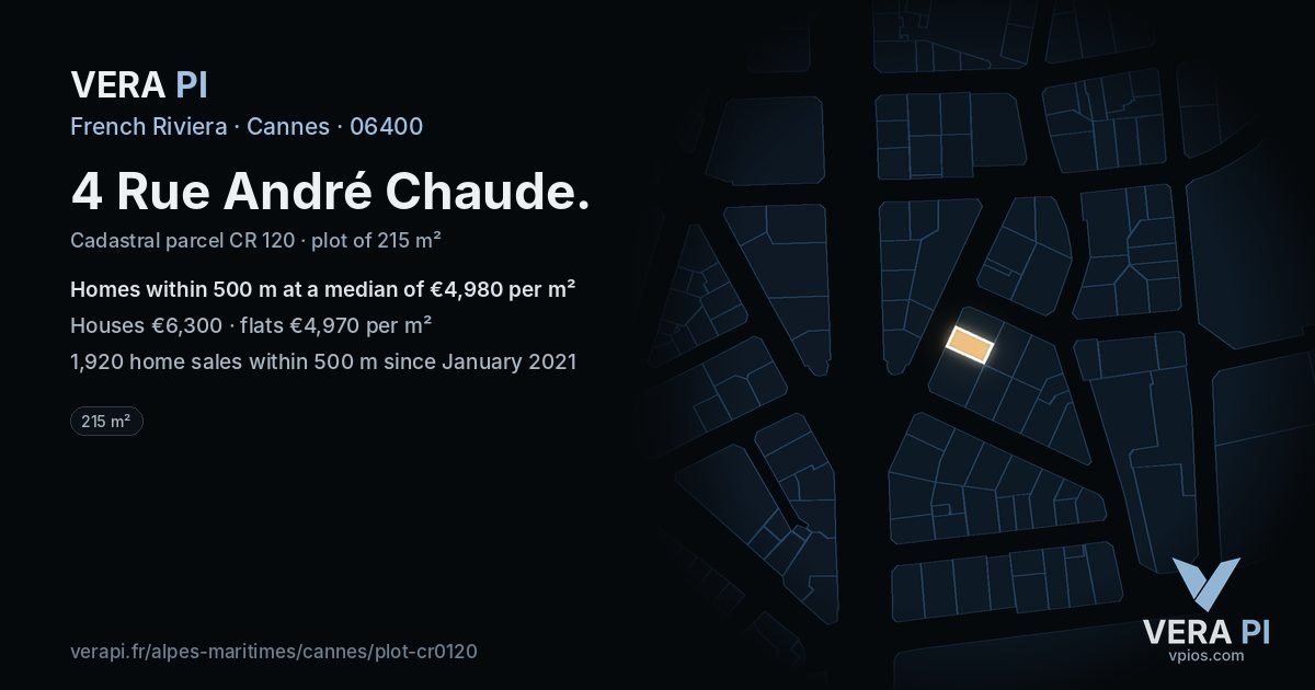 4 Rue André Chaude, Cannes at night – the plot lit, the parcels around coloured by the prices near them
