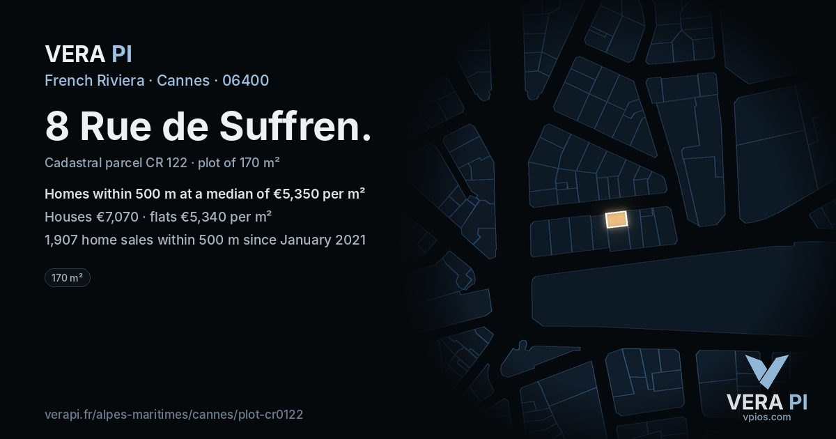 8 Rue de Suffren, Cannes at night – the plot lit, the parcels around coloured by the prices near them