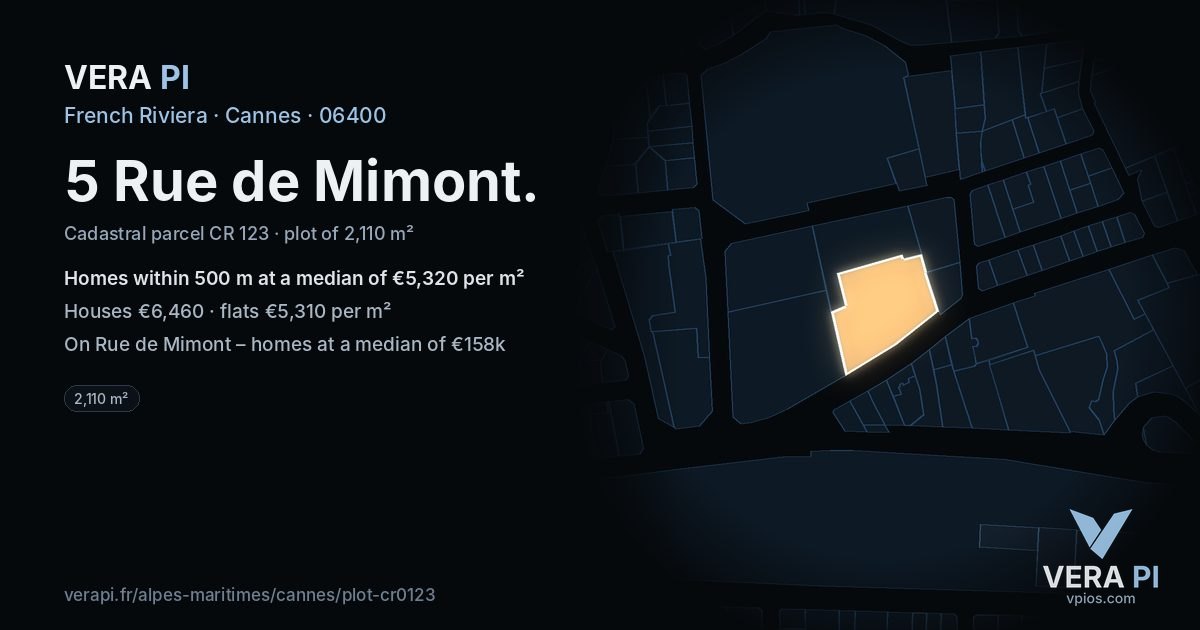5 Rue de Mimont, Cannes at night – the plot lit, the parcels around coloured by the prices near them