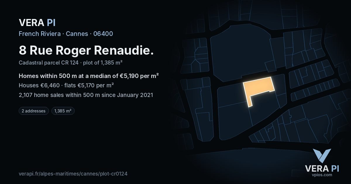 8 Rue Roger Renaudie, Cannes at night – the plot lit, the parcels around coloured by the prices near them