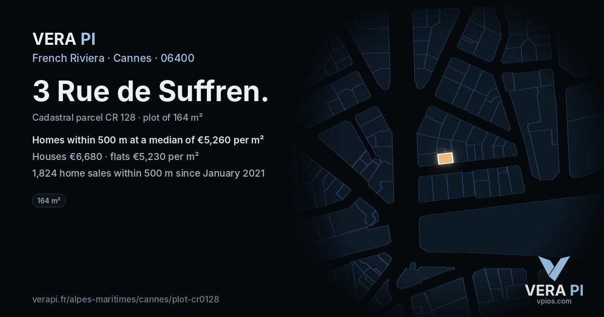 3 Rue de Suffren, Cannes at night – the plot lit, the parcels around coloured by the prices near them