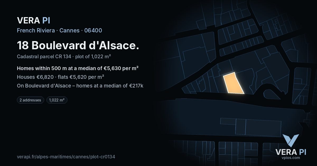 18 Boulevard d'Alsace, Cannes at night – the plot lit, the parcels around coloured by the prices near them