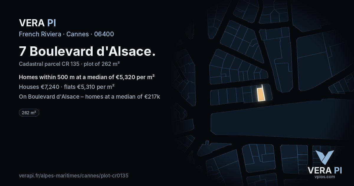 7 Boulevard d'Alsace, Cannes at night – the plot lit, the parcels around coloured by the prices near them