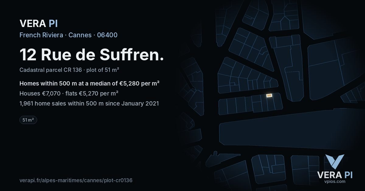 12 Rue de Suffren, Cannes at night – the plot lit, the parcels around coloured by the prices near them