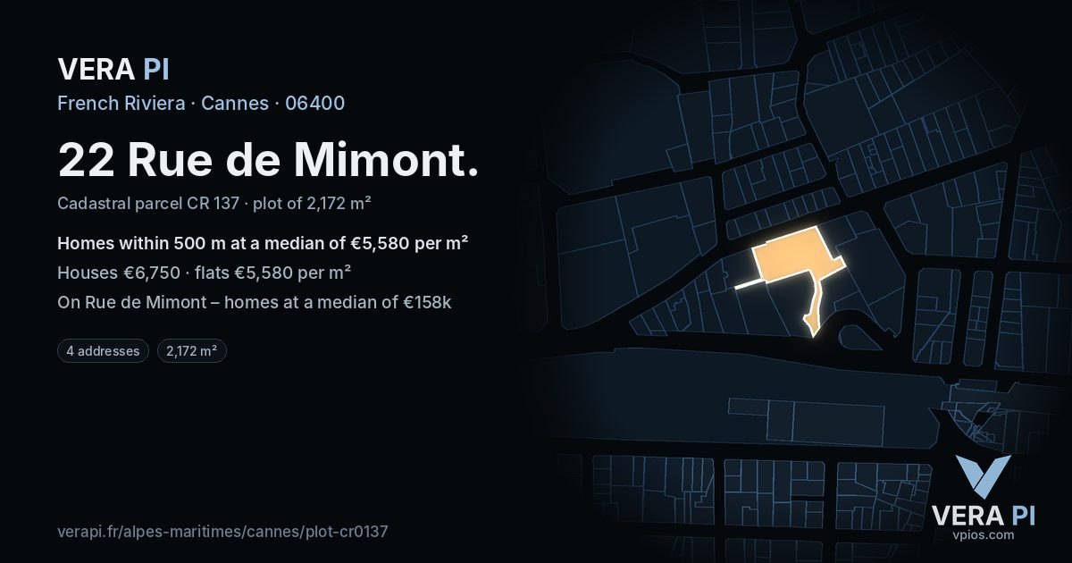 22 Rue de Mimont, Cannes at night – the plot lit, the parcels around coloured by the prices near them