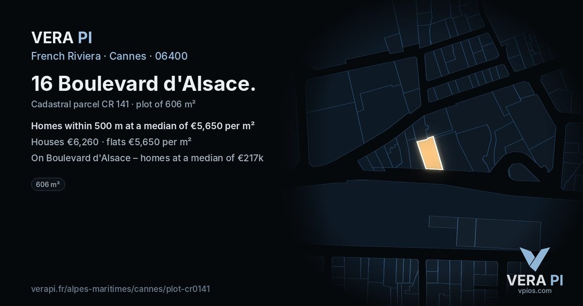 16 Boulevard d'Alsace, Cannes at night – the plot lit, the parcels around coloured by the prices near them