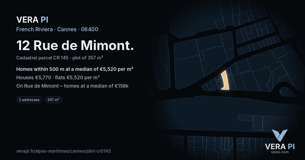 12 Rue de Mimont, Cannes at night – the plot lit, the parcels around coloured by the prices near them