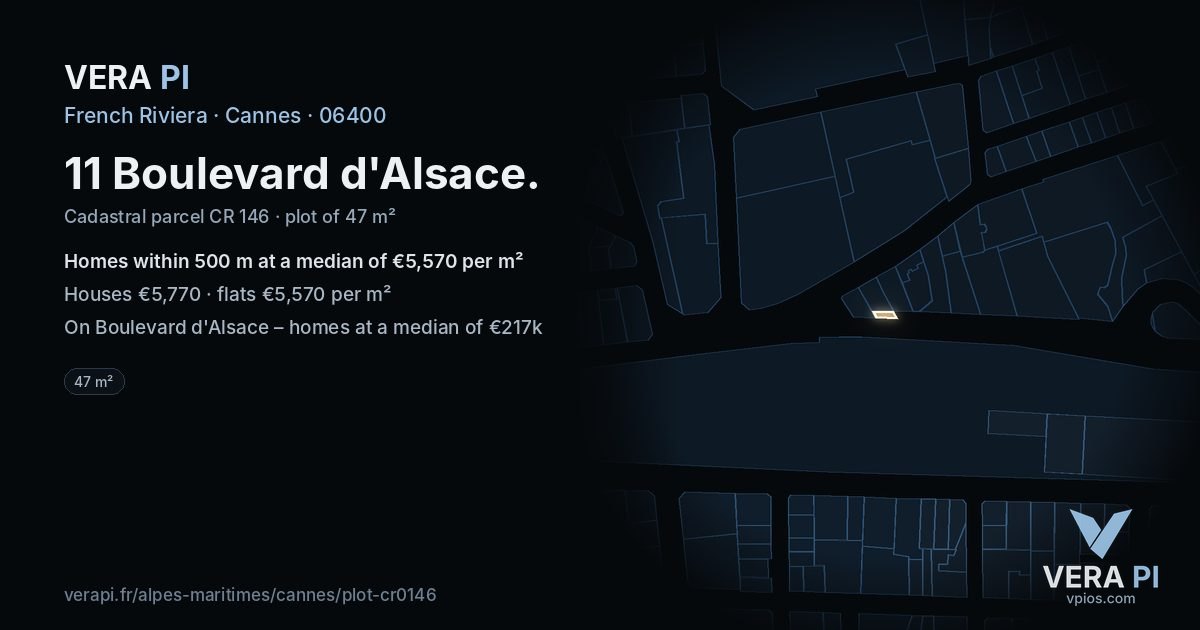 11 Boulevard d'Alsace, Cannes at night – the plot lit, the parcels around coloured by the prices near them