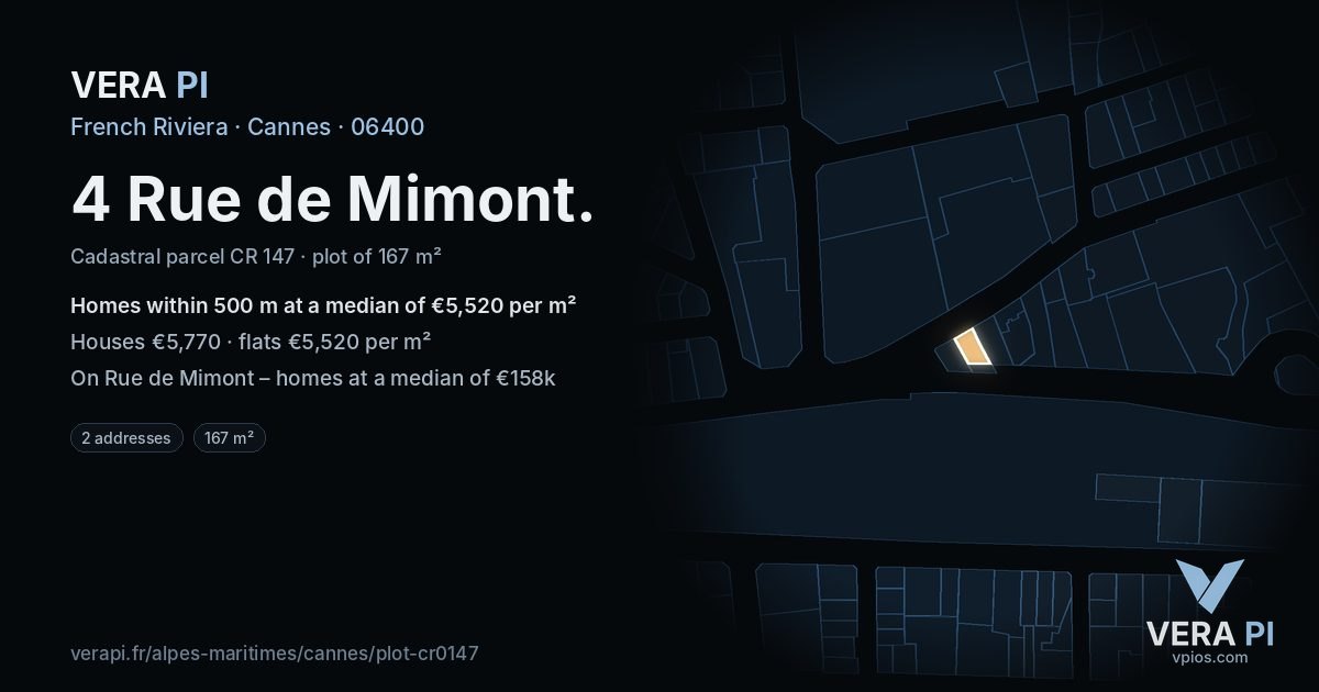4 Rue de Mimont, Cannes at night – the plot lit, the parcels around coloured by the prices near them