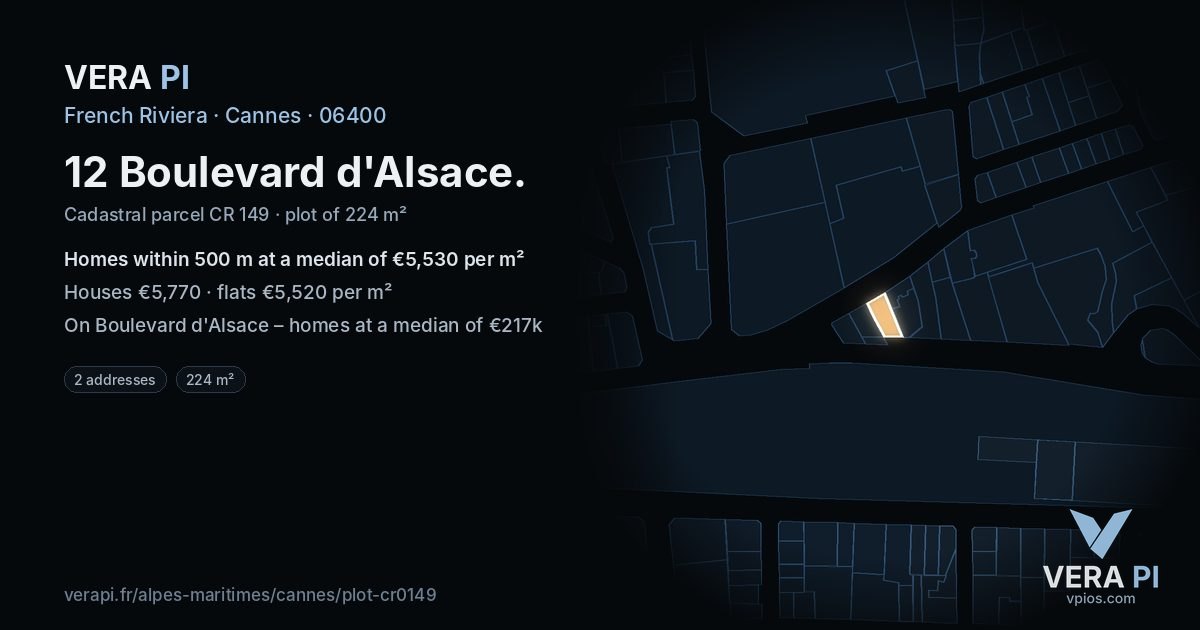 12 Boulevard d'Alsace, Cannes at night – the plot lit, the parcels around coloured by the prices near them
