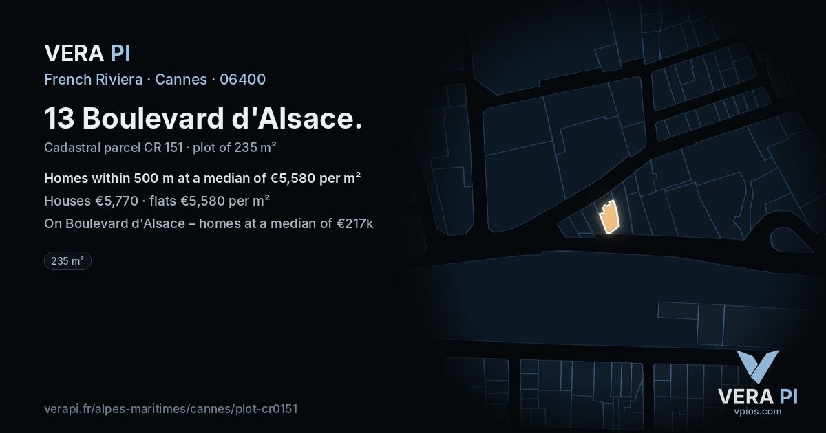 13 Boulevard d'Alsace, Cannes at night – the plot lit, the parcels around coloured by the prices near them