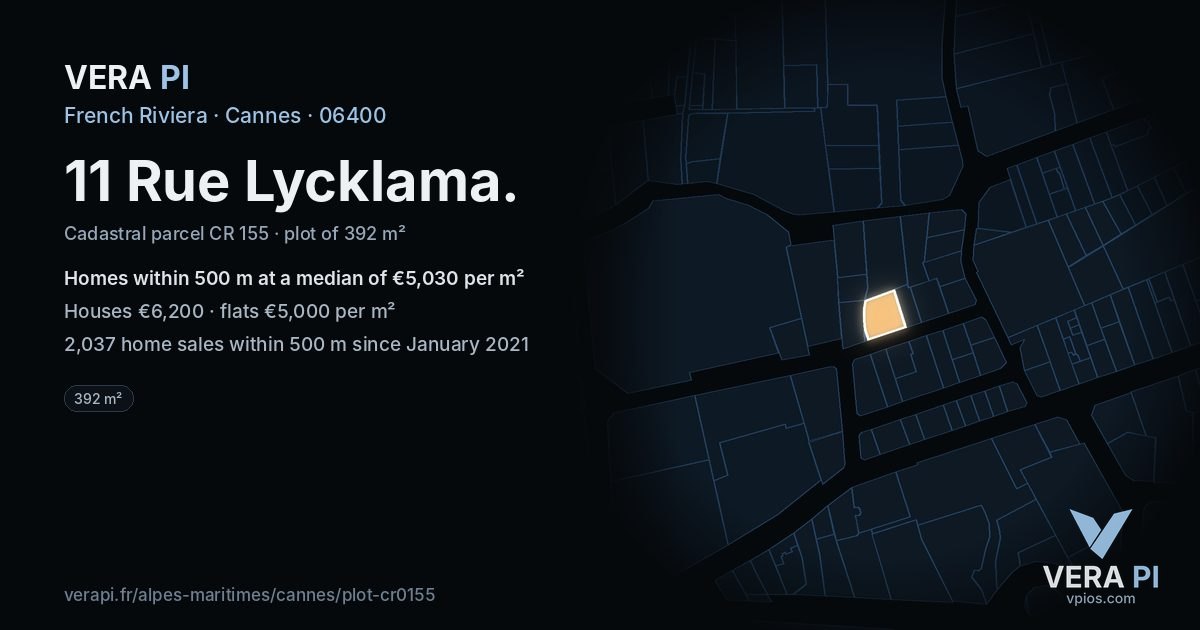 11 Rue Lycklama, Cannes at night – the plot lit, the parcels around coloured by the prices near them