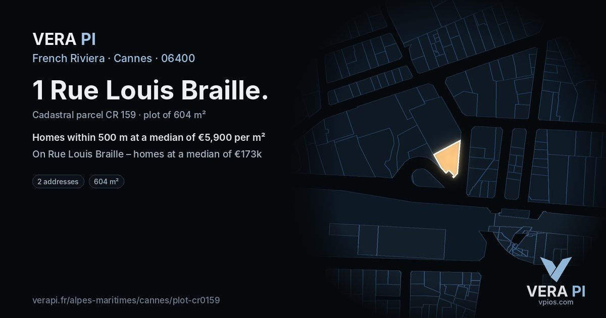 1 Rue Louis Braille, Cannes at night – the plot lit, the parcels around coloured by the prices near them
