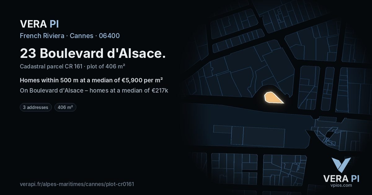 23 Boulevard d'Alsace, Cannes at night – the plot lit, the parcels around coloured by the prices near them
