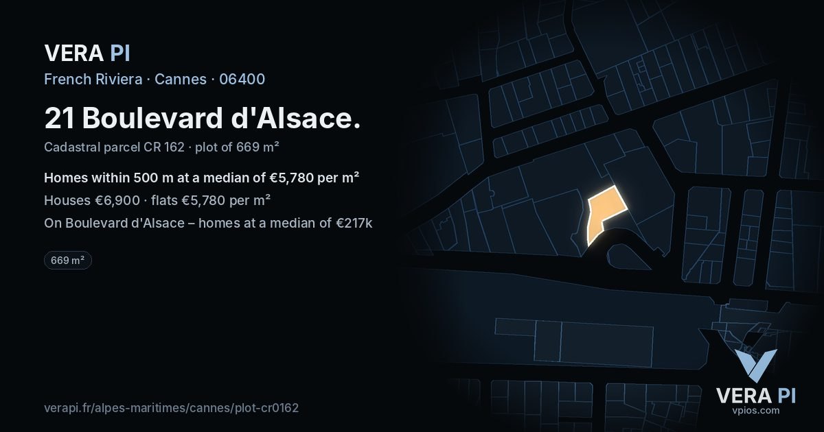 21 Boulevard d'Alsace, Cannes at night – the plot lit, the parcels around coloured by the prices near them