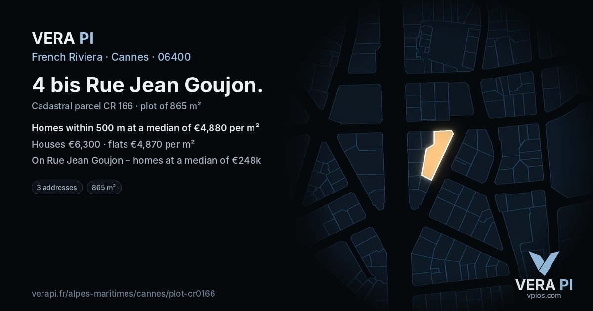 4 bis Rue Jean Goujon, Cannes at night – the plot lit, the parcels around coloured by the prices near them