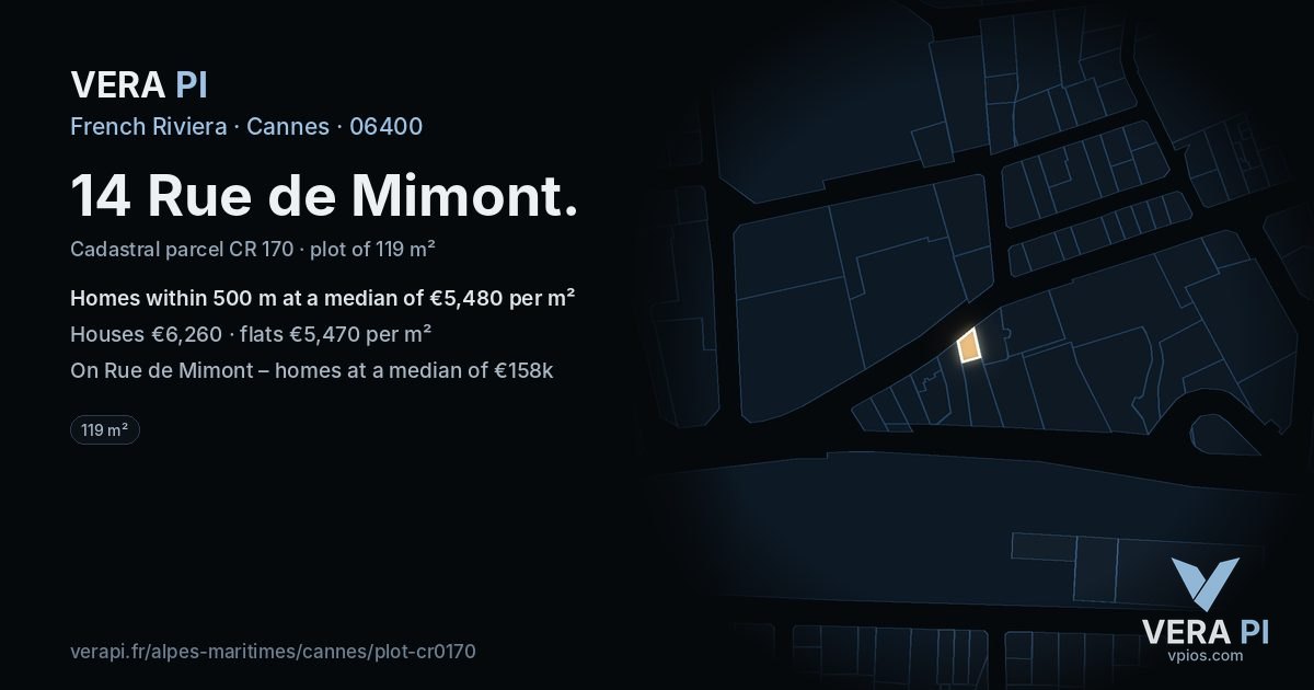 14 Rue de Mimont, Cannes at night – the plot lit, the parcels around coloured by the prices near them
