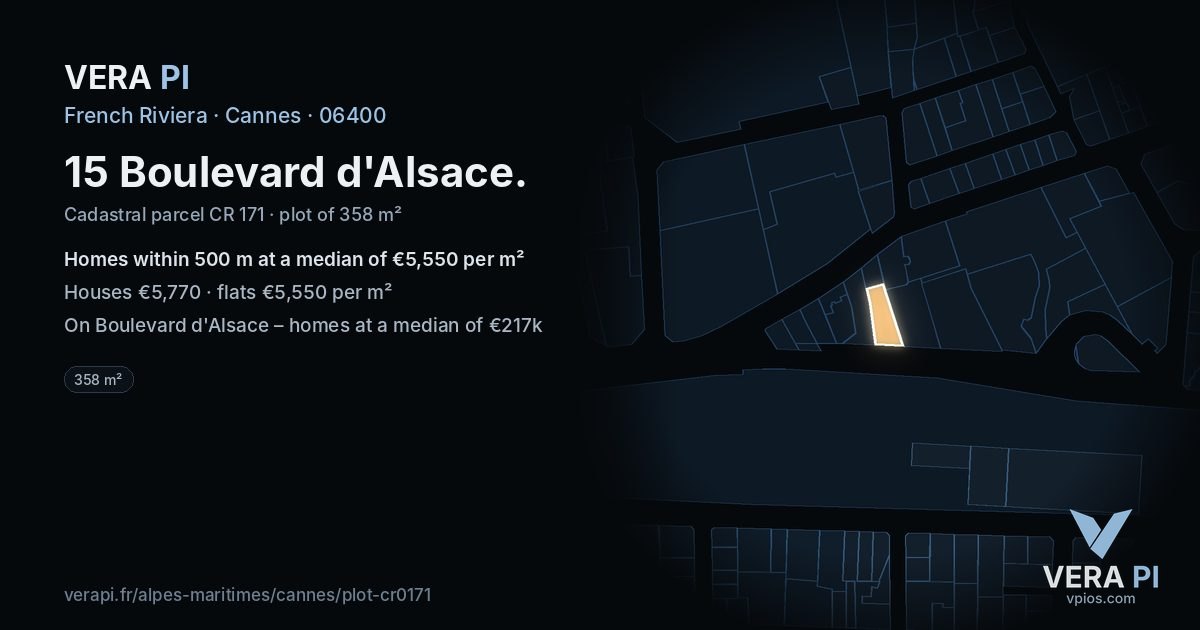 15 Boulevard d'Alsace, Cannes at night – the plot lit, the parcels around coloured by the prices near them