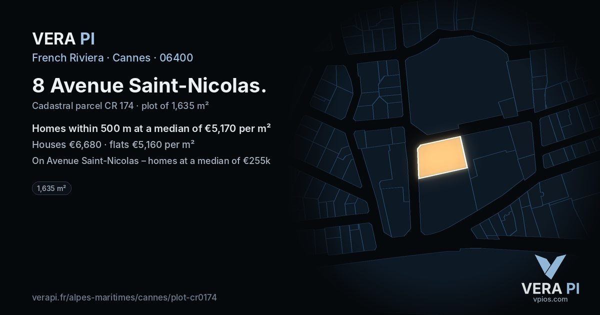 8 Avenue Saint-Nicolas, Cannes at night – the plot lit, the parcels around coloured by the prices near them