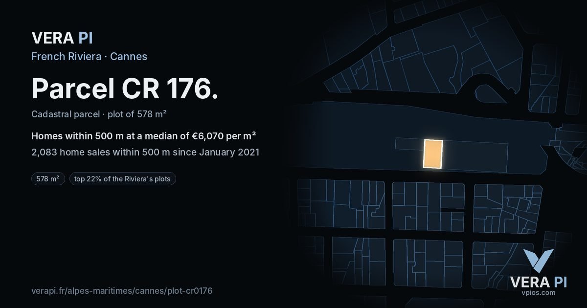 Parcel CR 176, Cannes at night – the plot lit, the parcels around coloured by the prices near them