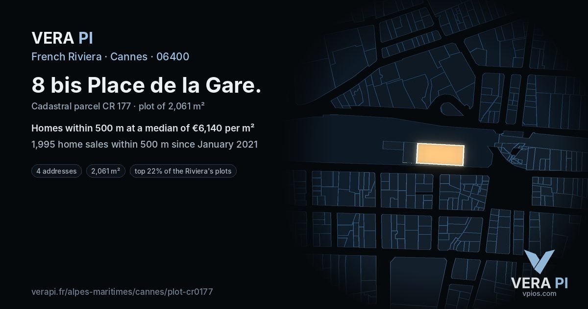 8 bis Place de la Gare, Cannes at night – the plot lit, the parcels around coloured by the prices near them
