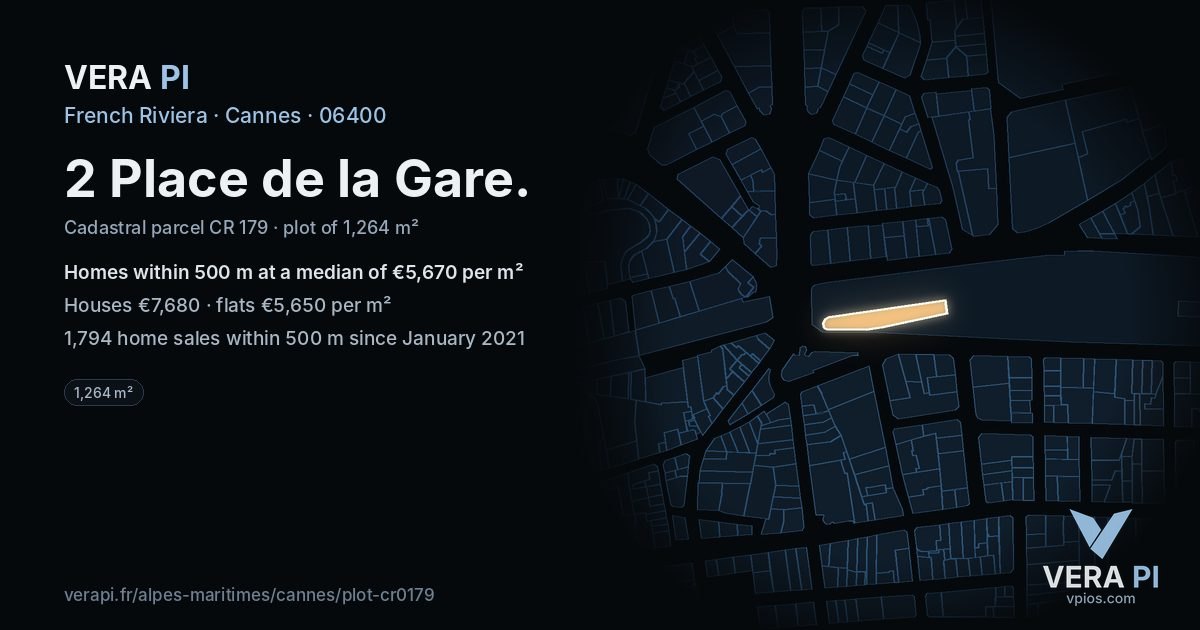 2 Place de la Gare, Cannes at night – the plot lit, the parcels around coloured by the prices near them