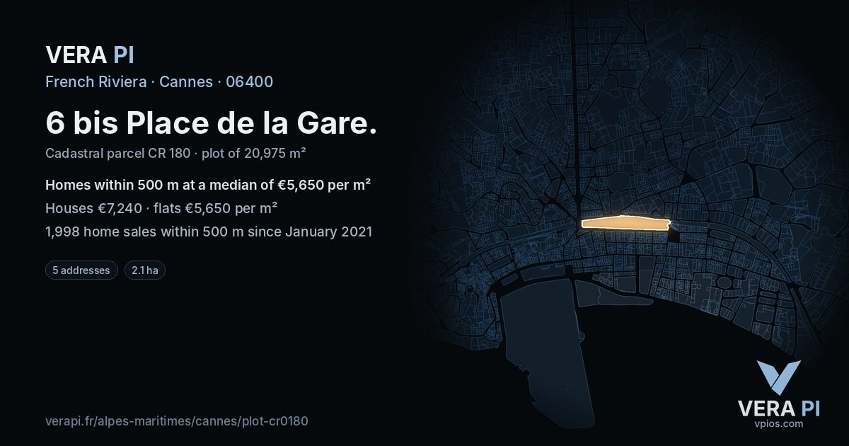 6 bis Place de la Gare, Cannes at night – the plot lit, the parcels around coloured by the prices near them