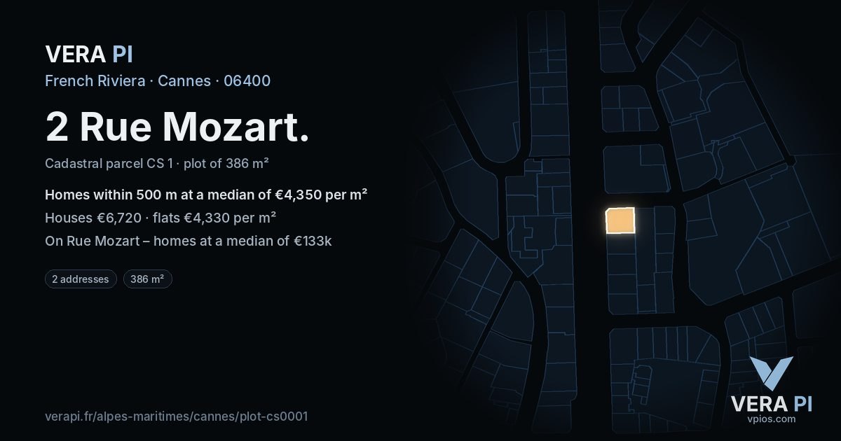 2 Rue Mozart, Cannes at night – the plot lit, the parcels around coloured by the prices near them