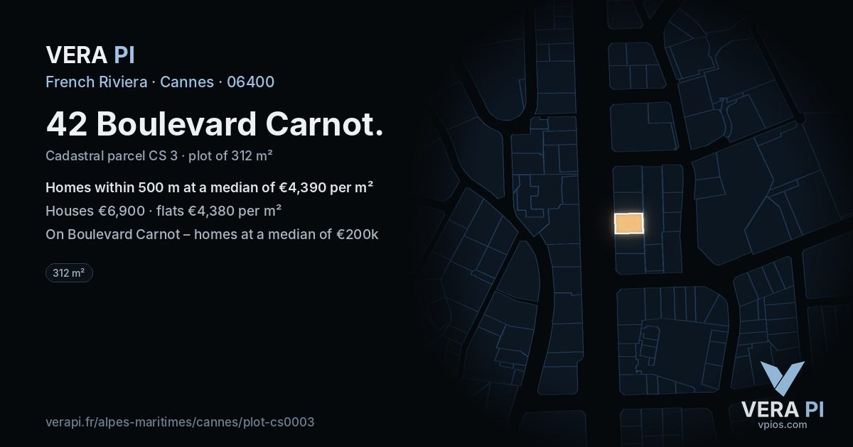 42 Boulevard Carnot, Cannes at night – the plot lit, the parcels around coloured by the prices near them