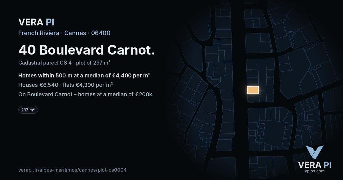 40 Boulevard Carnot, Cannes at night – the plot lit, the parcels around coloured by the prices near them
