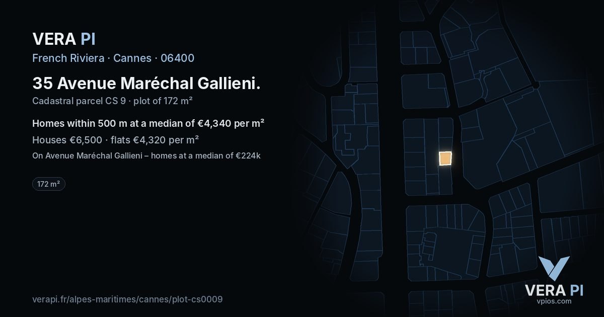 35 Avenue Maréchal Gallieni, Cannes at night – the plot lit, the parcels around coloured by the prices near them